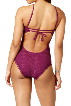 BECCA by Rebecca Virtue Raisin Crochet High-Neck Illusion One-Piece Swimsuit thumbnail 4