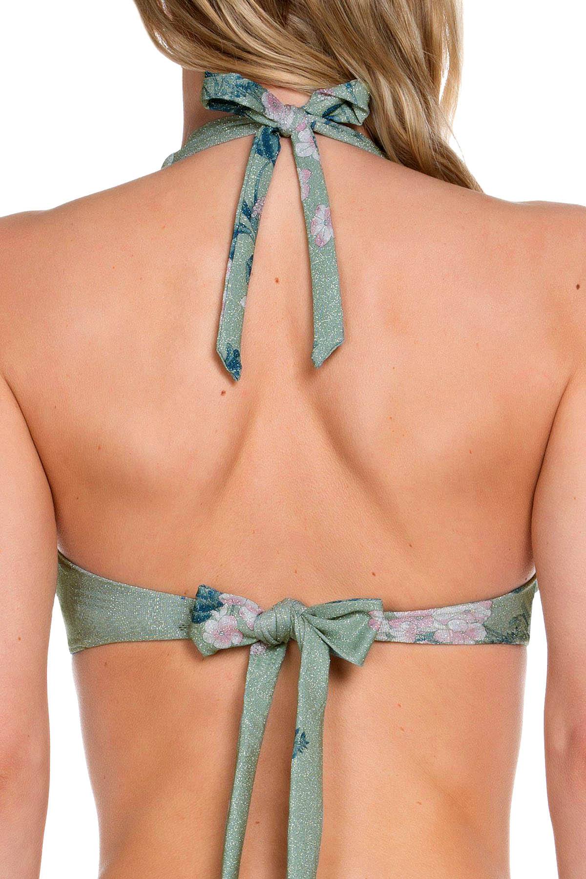 BECCA by Rebecca Virtue Serene Printed Metallic Halter Bikini Top in Mojito