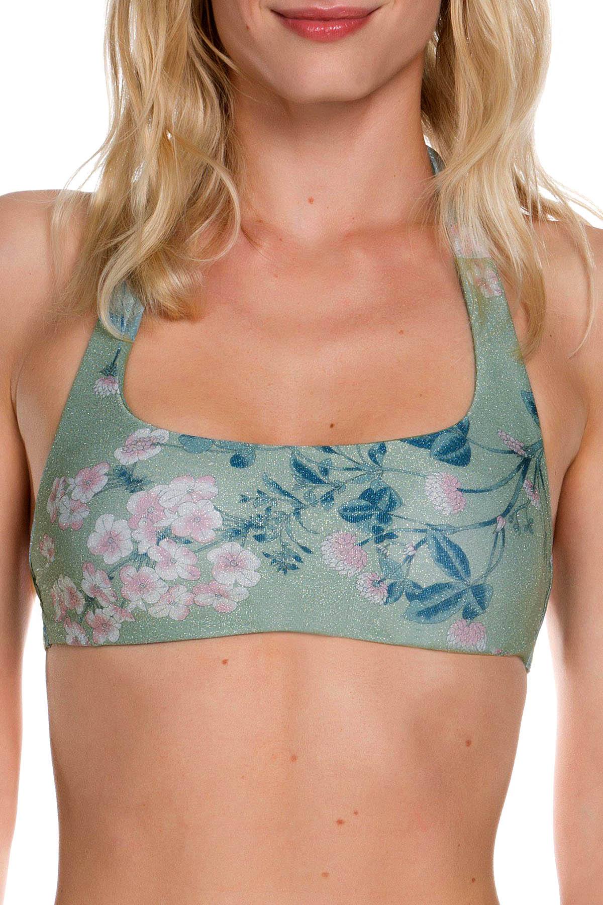 BECCA by Rebecca Virtue Serene Printed Metallic Halter Bikini Top in Mojito
