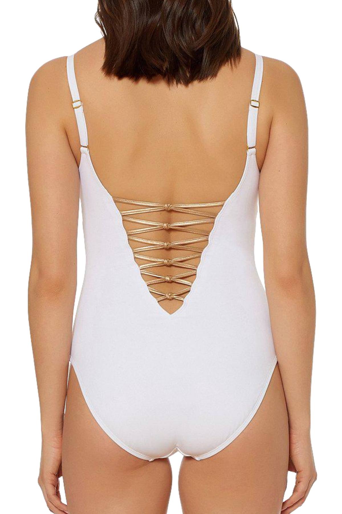 BLEU Rod Beattie White/Rose-Gold Tiered Knots Lace-Up Plunging One-Piece Swimsuit
