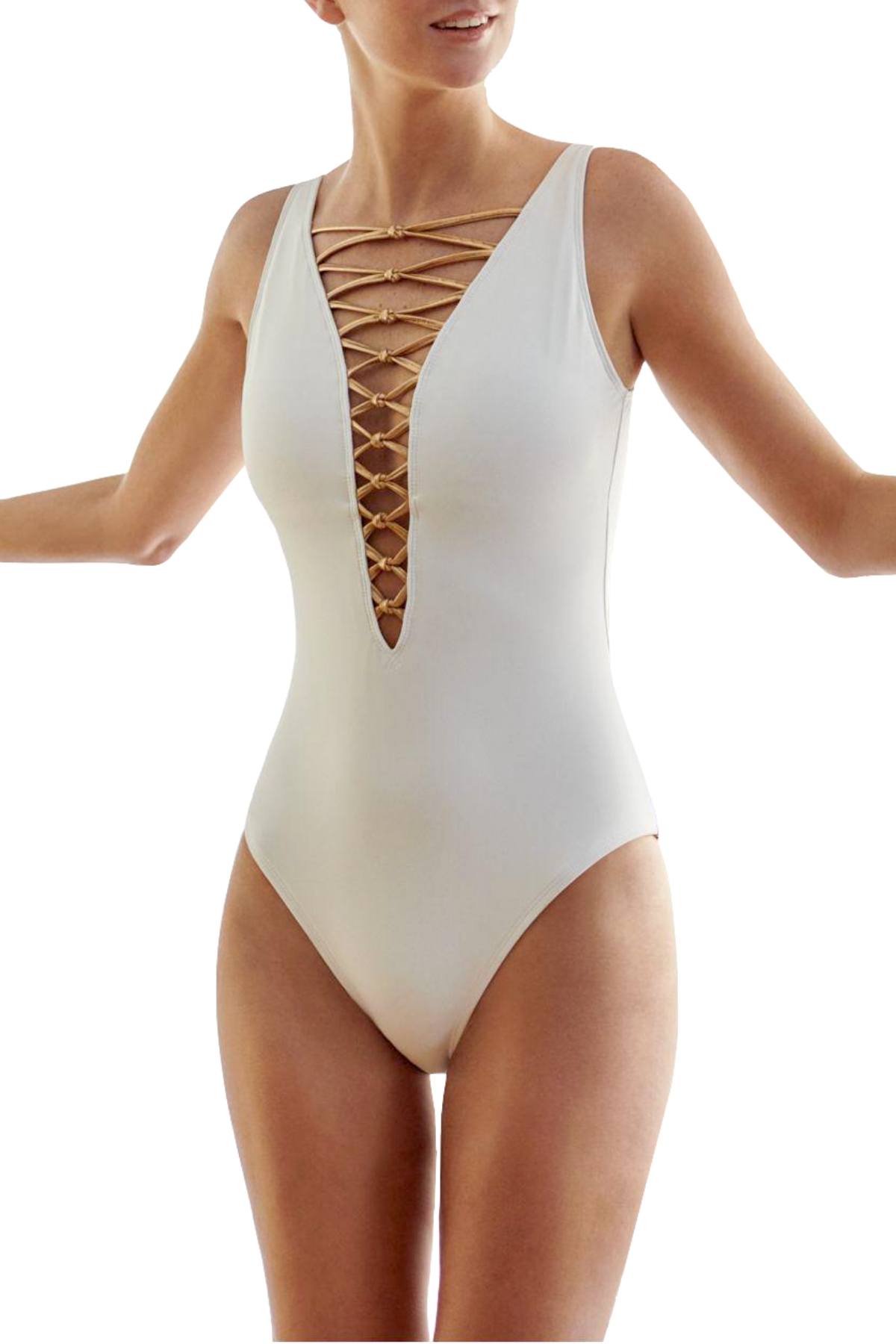BLEU Rod Beattie White/Rose-Gold Tiered Knots Lace-Up Plunging One-Piece Swimsuit