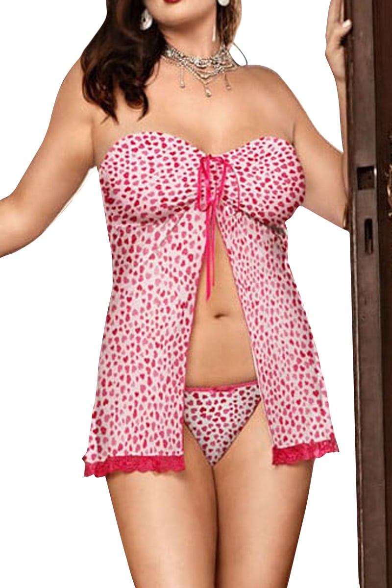 Baci PLUS Pink-Hearts 2-Piece Babydoll Set - Sizes 16-20