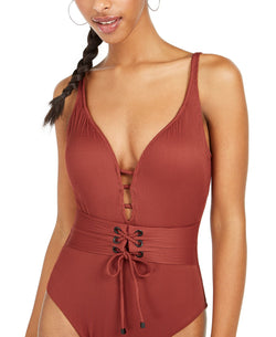 Bar Iii Ribbed Grommet Lace-up One-piece Swimsuit Crimson thumbnail 3