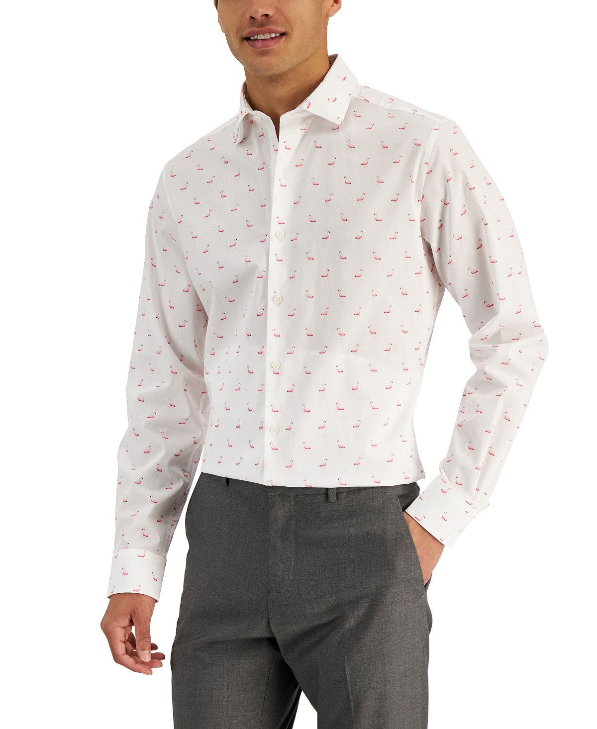 Bar Iii Slim Fit Flamingo-print Dress Shirt White Pink