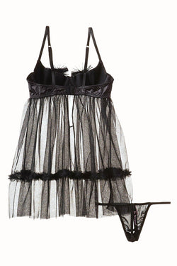 Be Wicked Black Satin/Sheer-Mesh 2-Piece Babydoll & Thong Set thumbnail 3