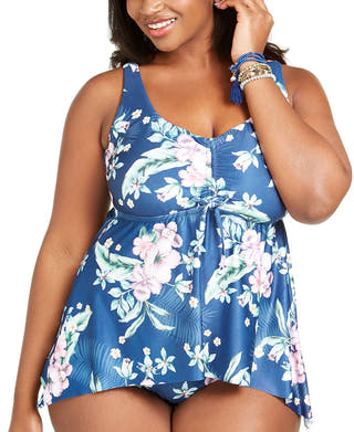 Becca Etc Plus Costa Rica Printed Tankini Top Navy Multi