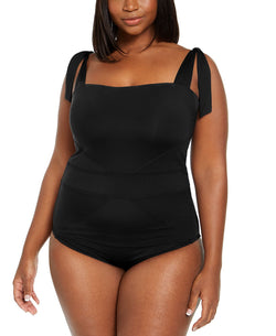 Becca Etc Plus Solid Color Code Tie Shoulder One-piece Swimsuit Black thumbnail 1