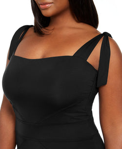Becca Etc Plus Solid Color Code Tie Shoulder One-piece Swimsuit Black thumbnail 2