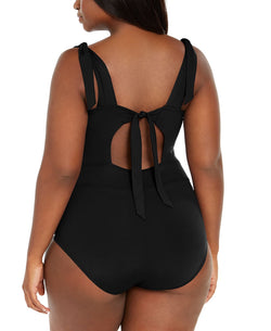 Becca Etc Plus Solid Color Code Tie Shoulder One-piece Swimsuit Black thumbnail 3