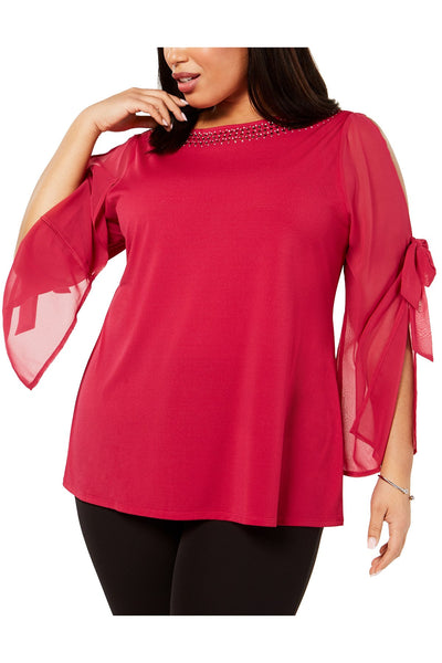 Belldini PLUS Lipstick-Pink Bowed Split-Sleeve Tunic Top