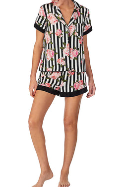 Betsey Johnson Floral Stripe Satin Notch Collar Top/Shorts PJ Set thumbnail 2