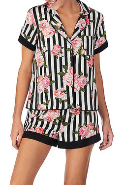Betsey Johnson Floral Stripe Satin Notch Collar Top/Shorts PJ Set thumbnail 1