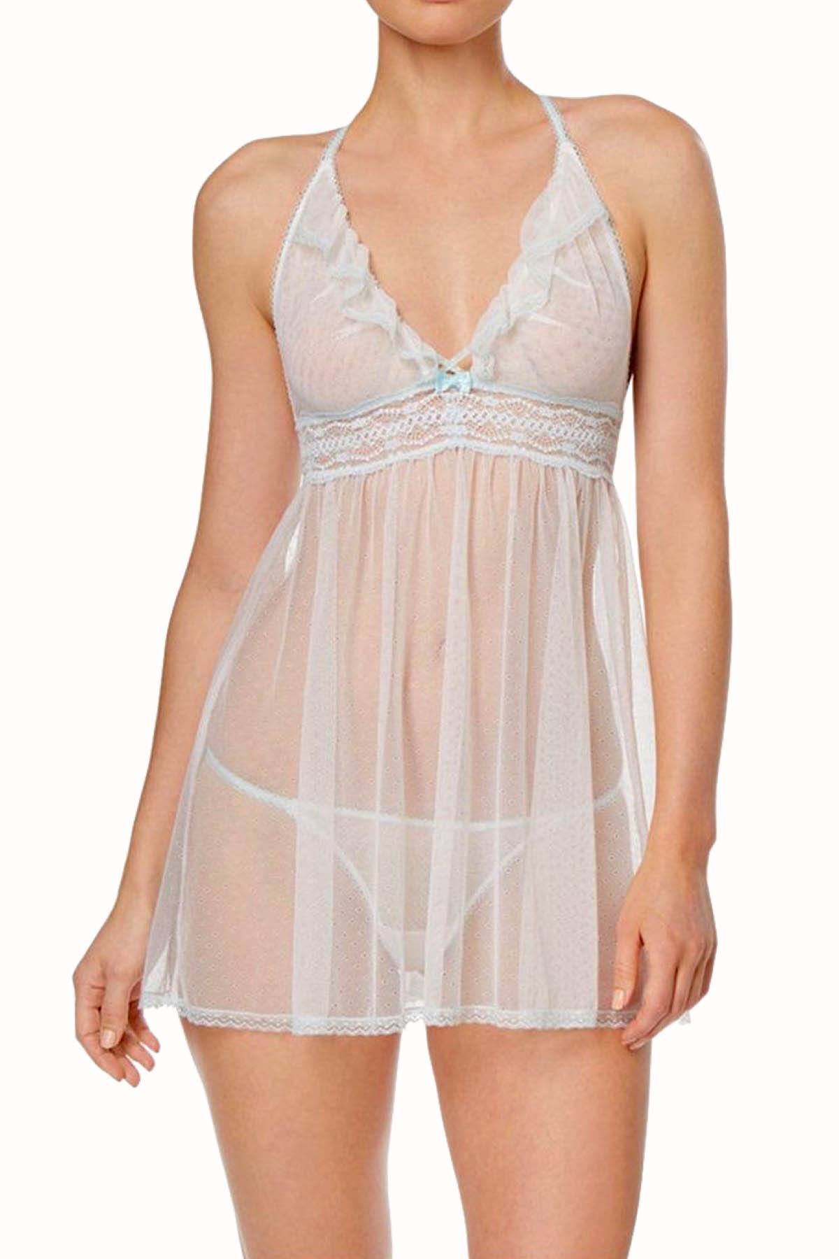 Betsey Johnson Pearl/Blue Eyelet Mesh Babydoll with G-String
