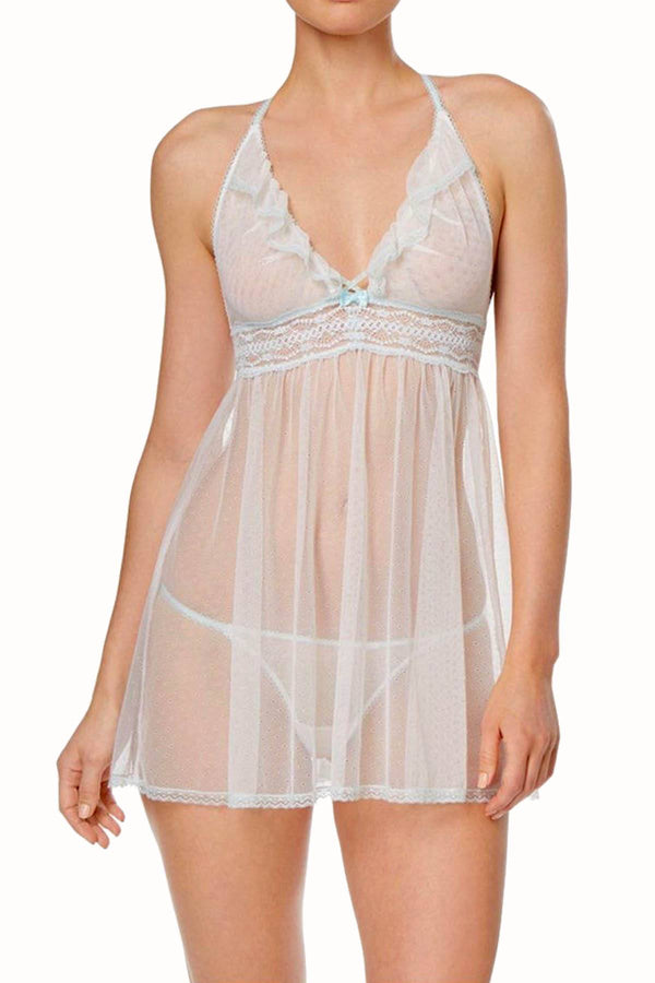 Betsey Johnson Pearl/Blue Eyelet Mesh Babydoll with G-String