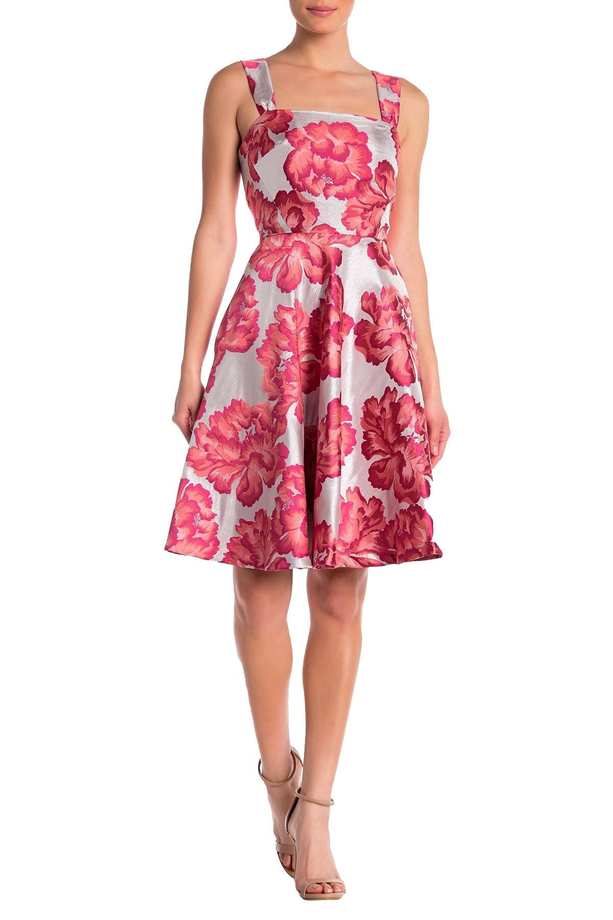 Betsey Johnson Pink/Silver-Shimmer Floral Jacquard Fit & Flare Party Dress