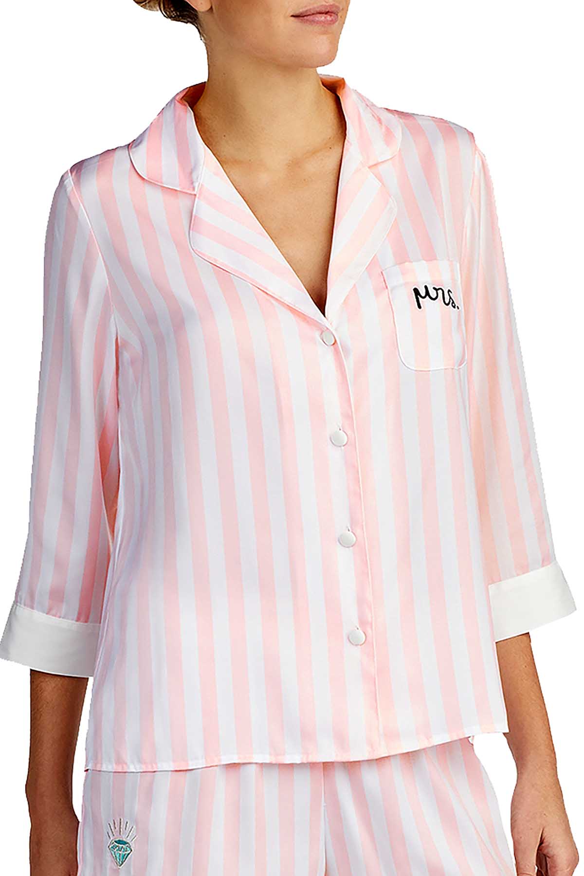Betsey Johnson Pink Stripe Satin Mrs Contrast Trim Pajama Top