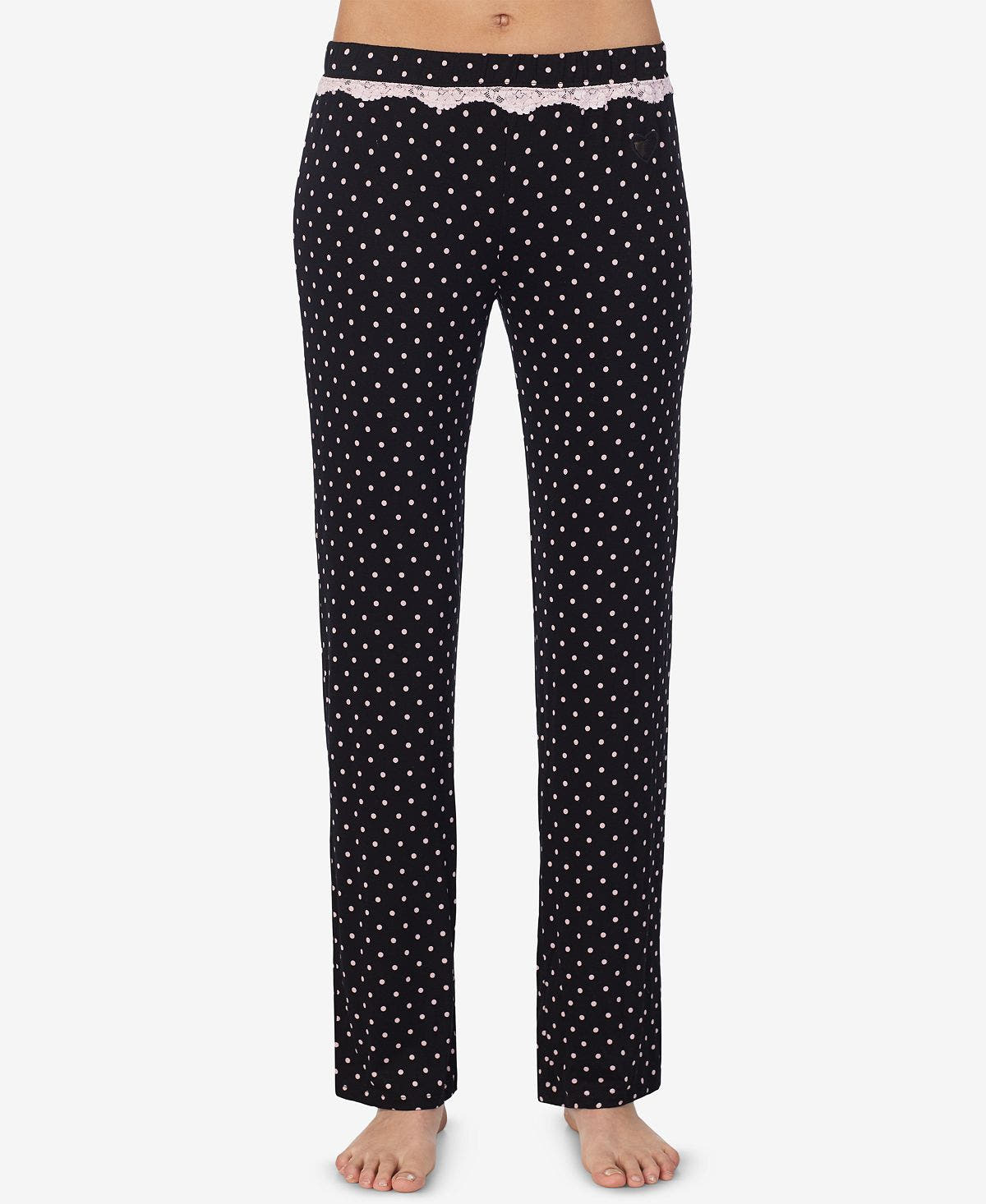 Betsey Johnson Printed Lace-trim Pajama Pants Black Ivory dot