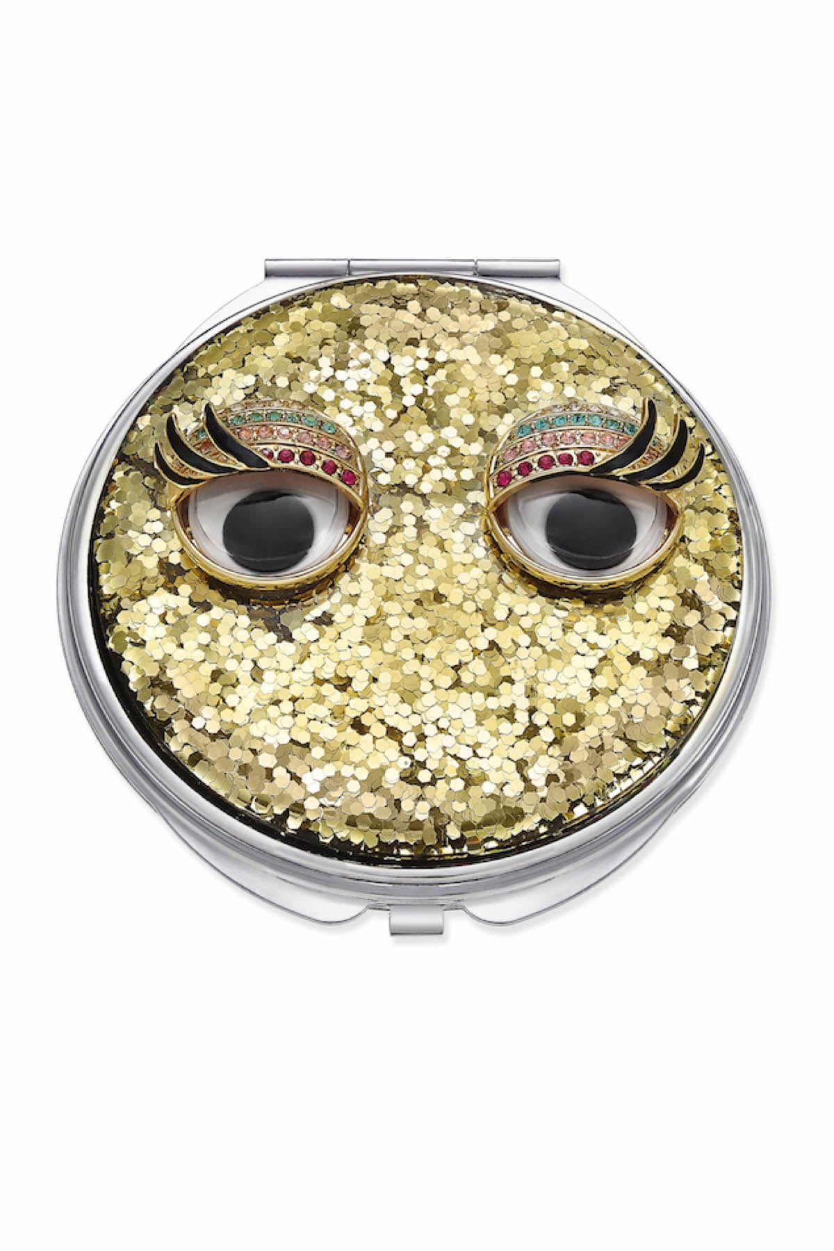 Betsey Johnson Xox Trolls Gold-Glitter Rhinestone Eyes Double Mirror Compact