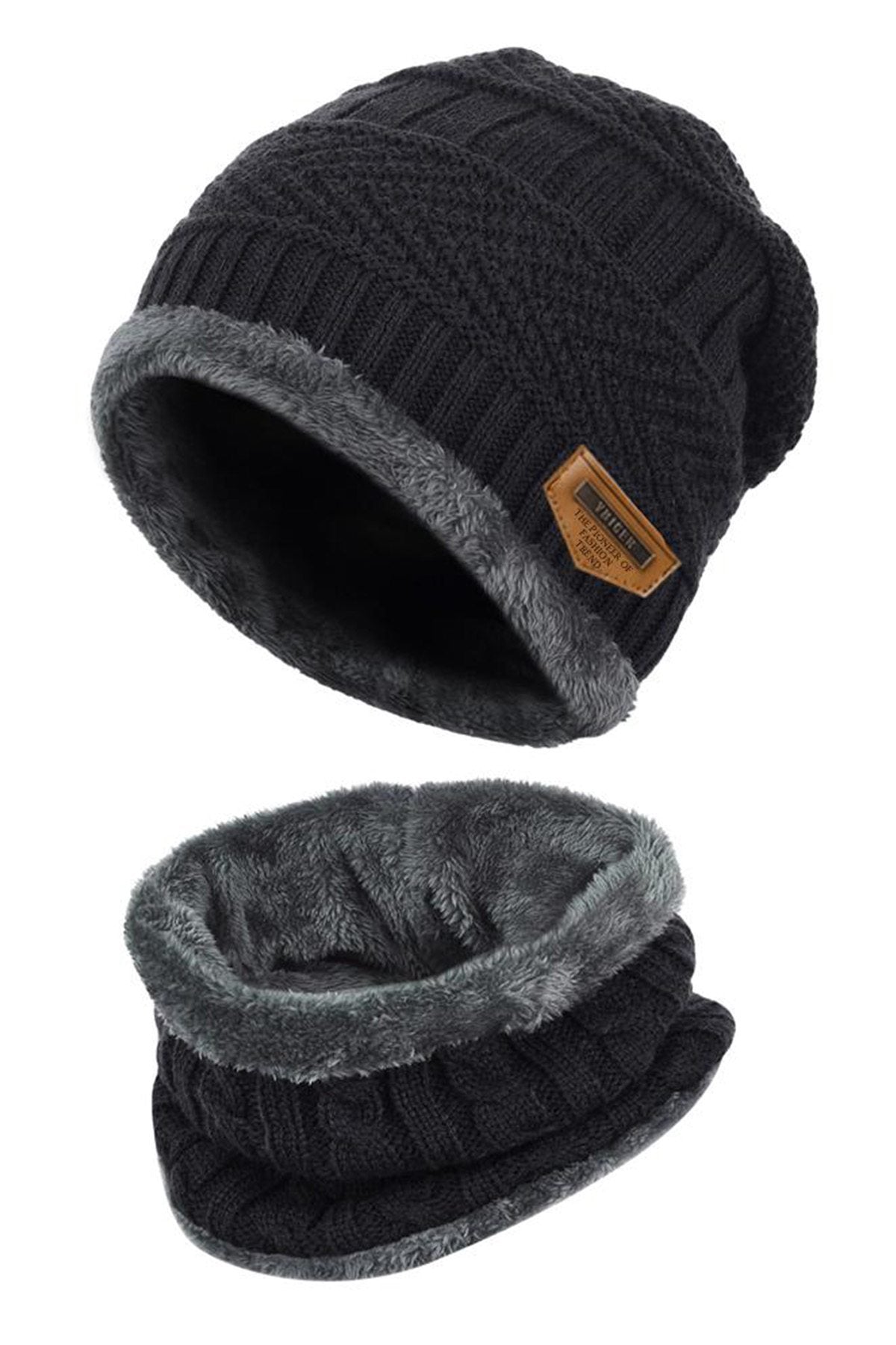 Black Ultra-Soft 2Pc Fleece-Lined Beanie/Neck Warmer