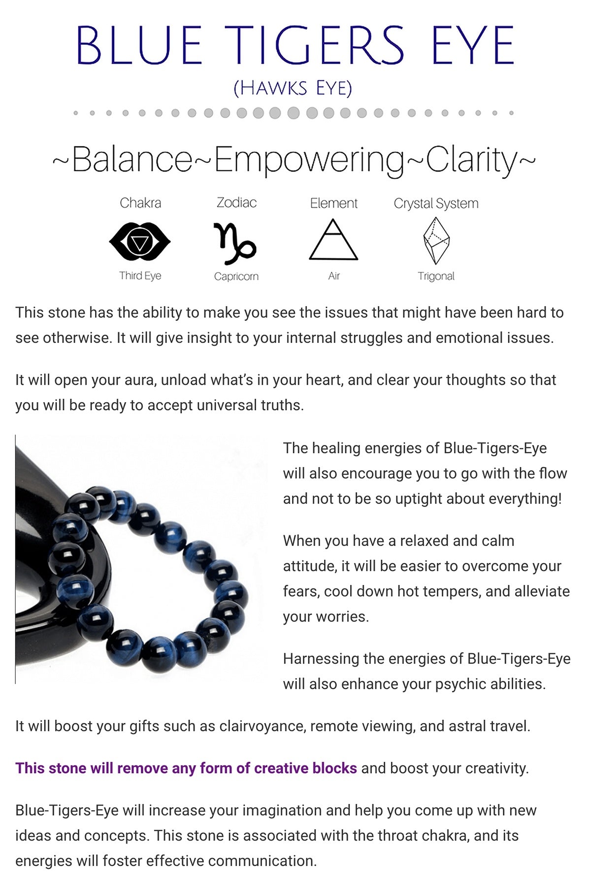 Blue Tiger's Eye Adjustable Clarity Healing Bracelet