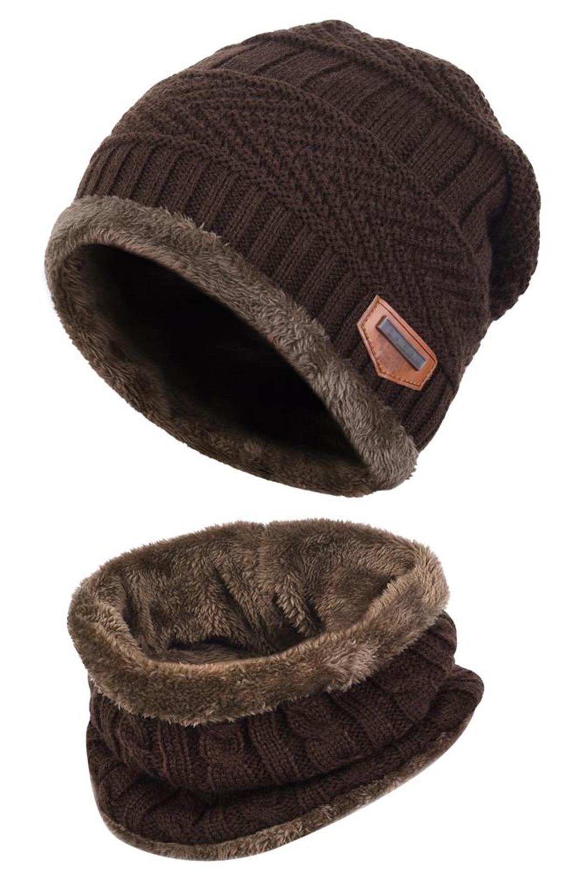 Brown Ultra-Soft 2Pc Fleece-Lined Beanie/Neck Warmer