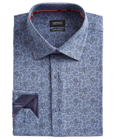 Buffalo David Bitton Slim-fit Performance Stretch Blue/black Paisley-print Chambray Dress Shirt Blue