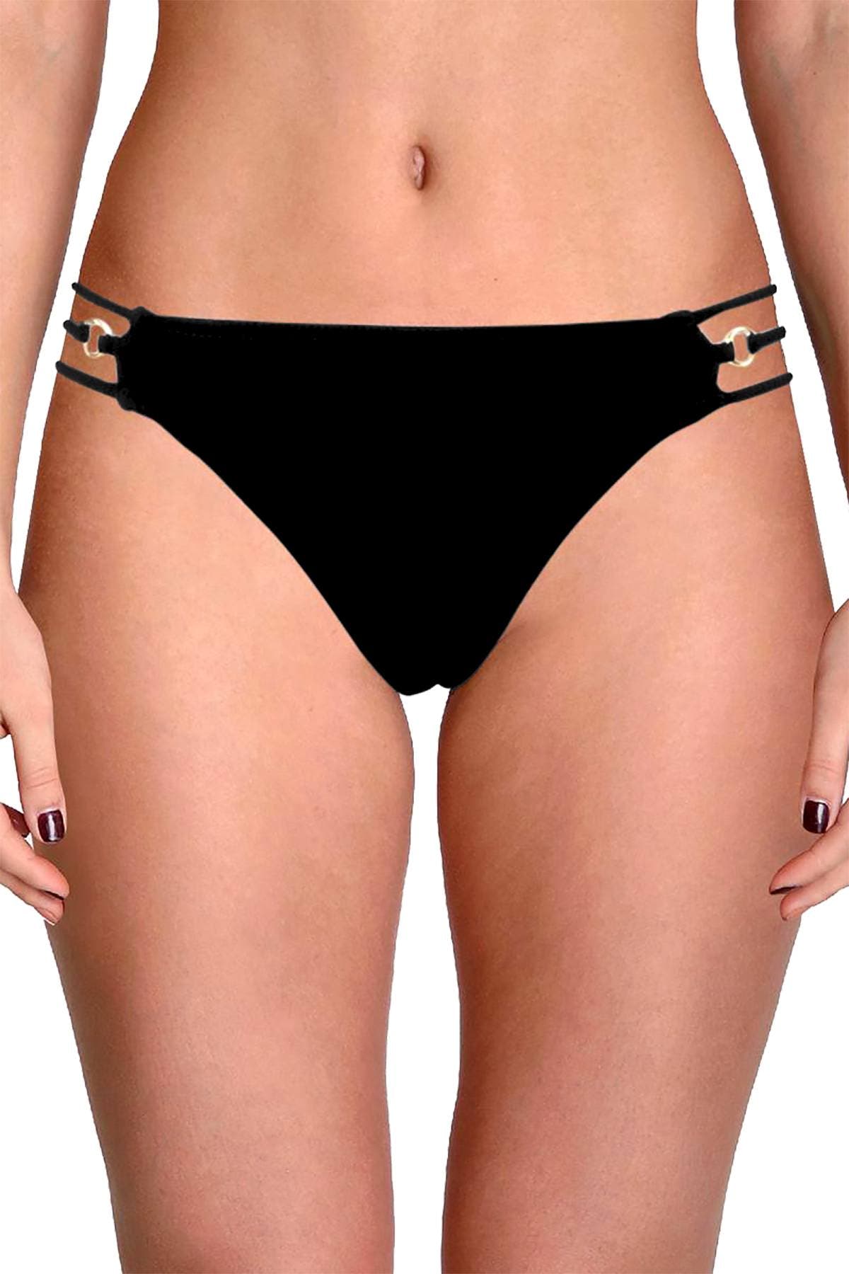 California Waves Black Ribbed Strappy Hipster Bikini Bottom