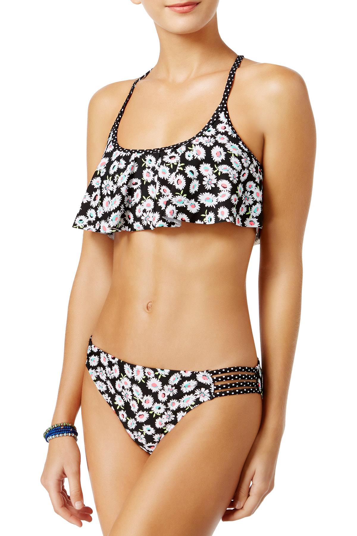 California Waves Daisy Duke Floral Strappy Bikini Bottom in Black/Neon