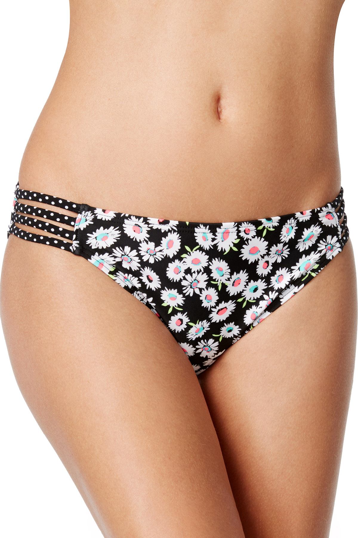 California Waves Daisy Duke Floral Strappy Bikini Bottom in Black/Neon