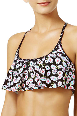 California Waves Juniors' Daisy Duke Racerback Flounce Bikini Top in Black/Neon thumbnail 2