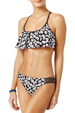 California Waves Juniors' Daisy Duke Racerback Flounce Bikini Top in Black/Neon thumbnail 1