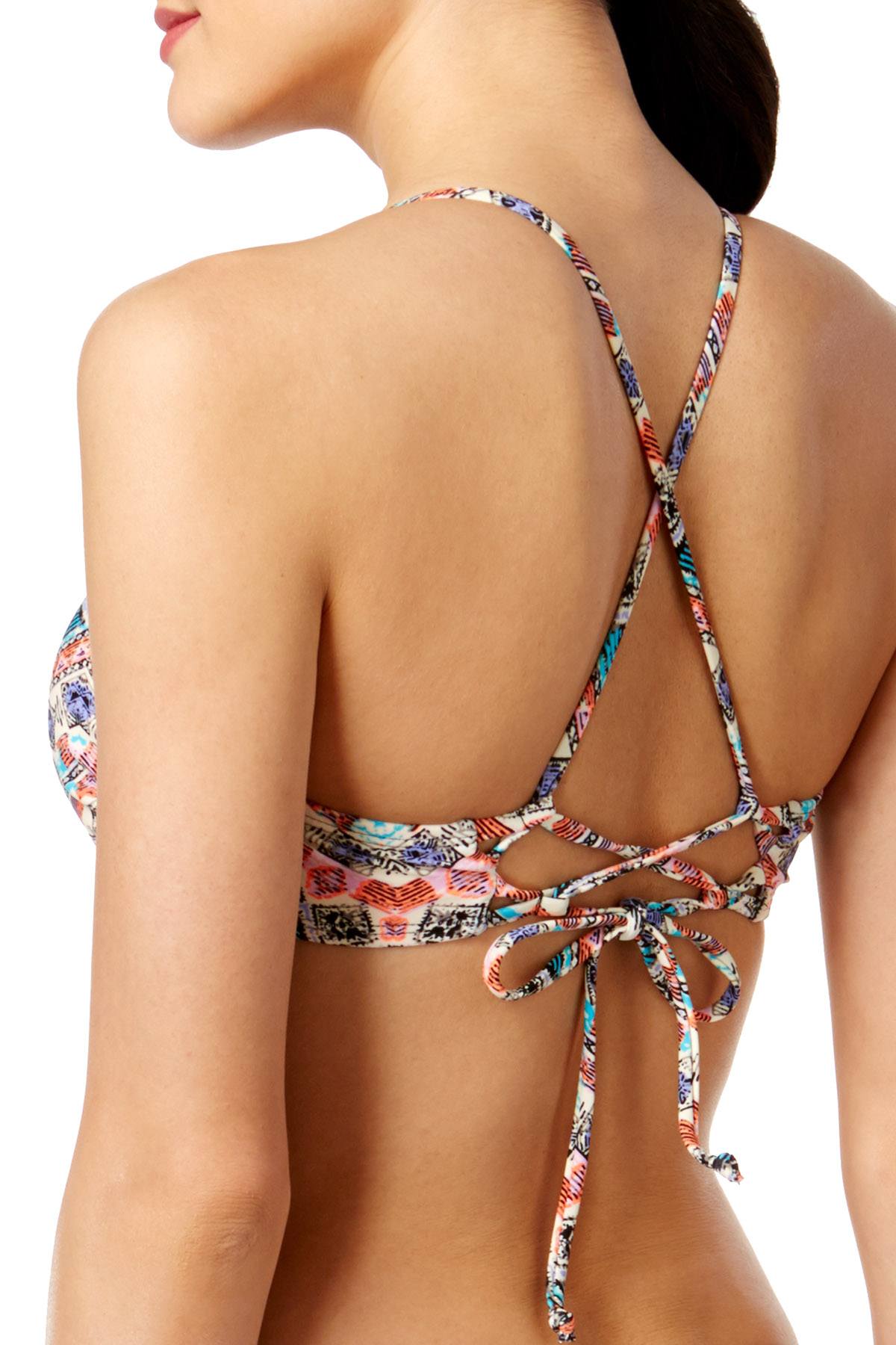 California Waves Multicolor Tribal Print Lace-Up Bralette Bikini Top
