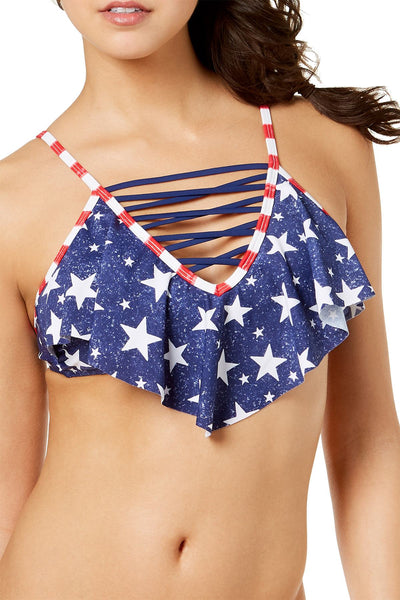 California Waves Red/White/Blue Americana Strappy Flounce Bikini Top