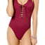 California Waves Ribbed Lace Up Cheeky High Leg Swimsuit in Sangria