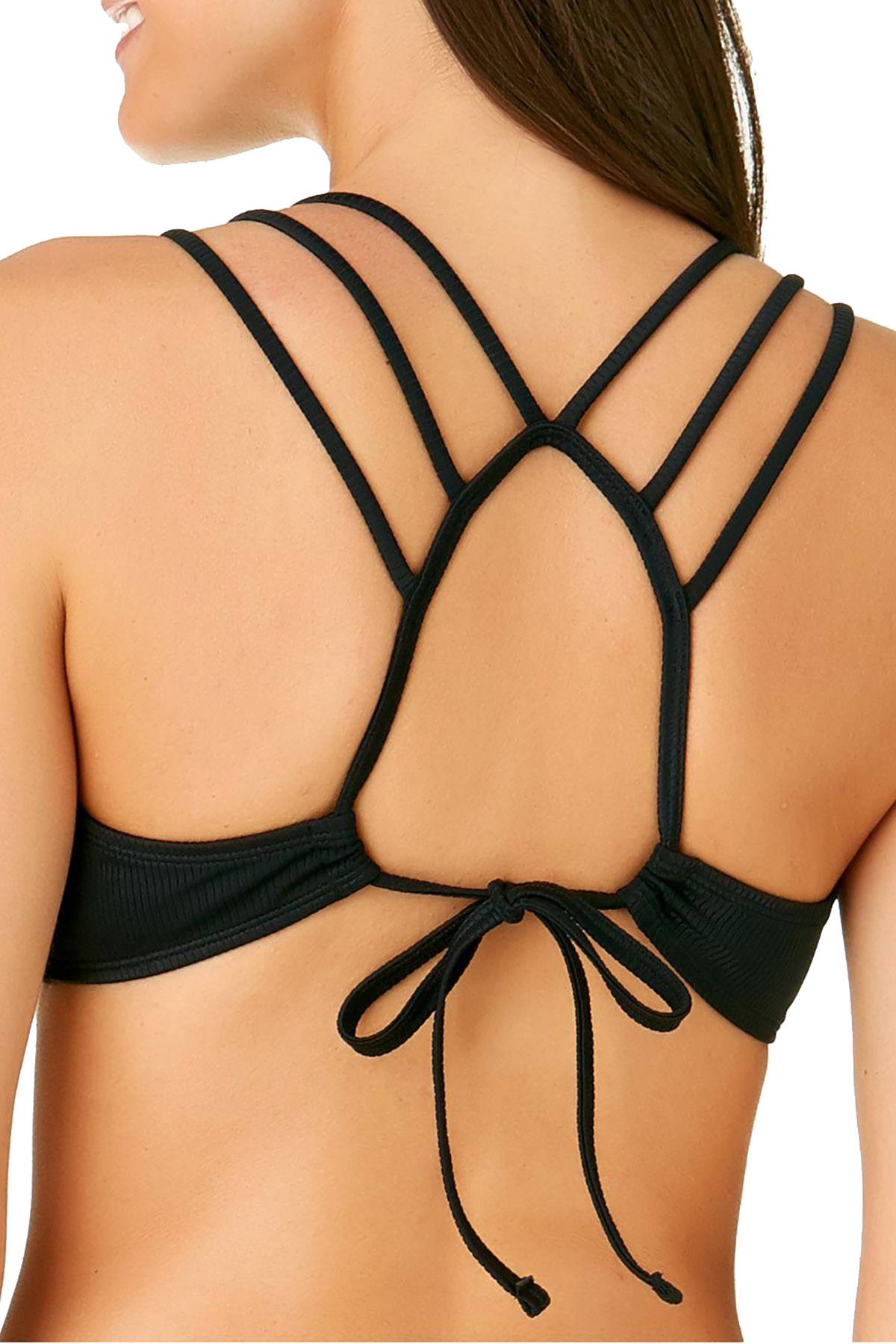 California Waves Ribbed Strappy Back Bralette Bikini Top in Black