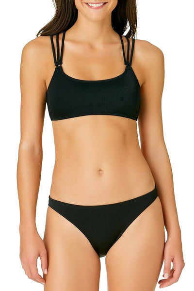 California Waves Ribbed Strappy Back Bralette Bikini Top in Black