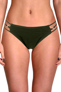 California Waves Ribbed Strappy Hipster Bikini Bottom in Moss thumbnail 1