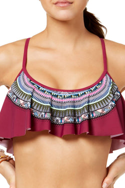 California Waves Wine Hypnotic Optic Strappy Back Flounced Bikini Top thumbnail 3