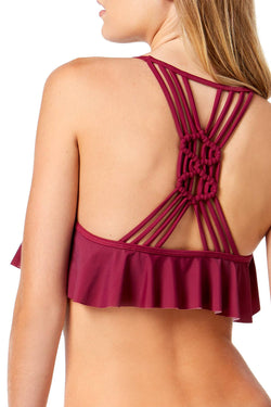 California Waves Wine Hypnotic Optic Strappy Back Flounced Bikini Top thumbnail 1