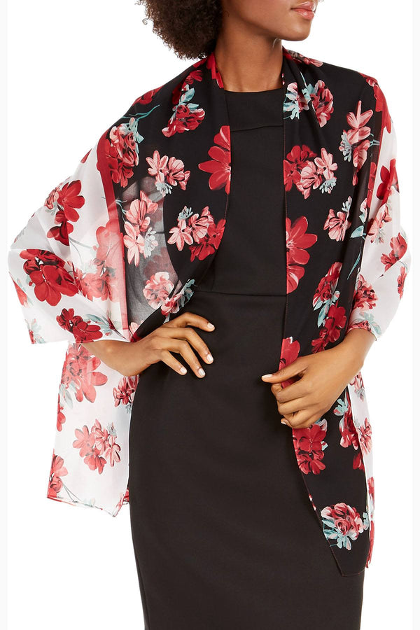Calvin Klein Barn Red Color Block Floral Poly Chiffon Scarf