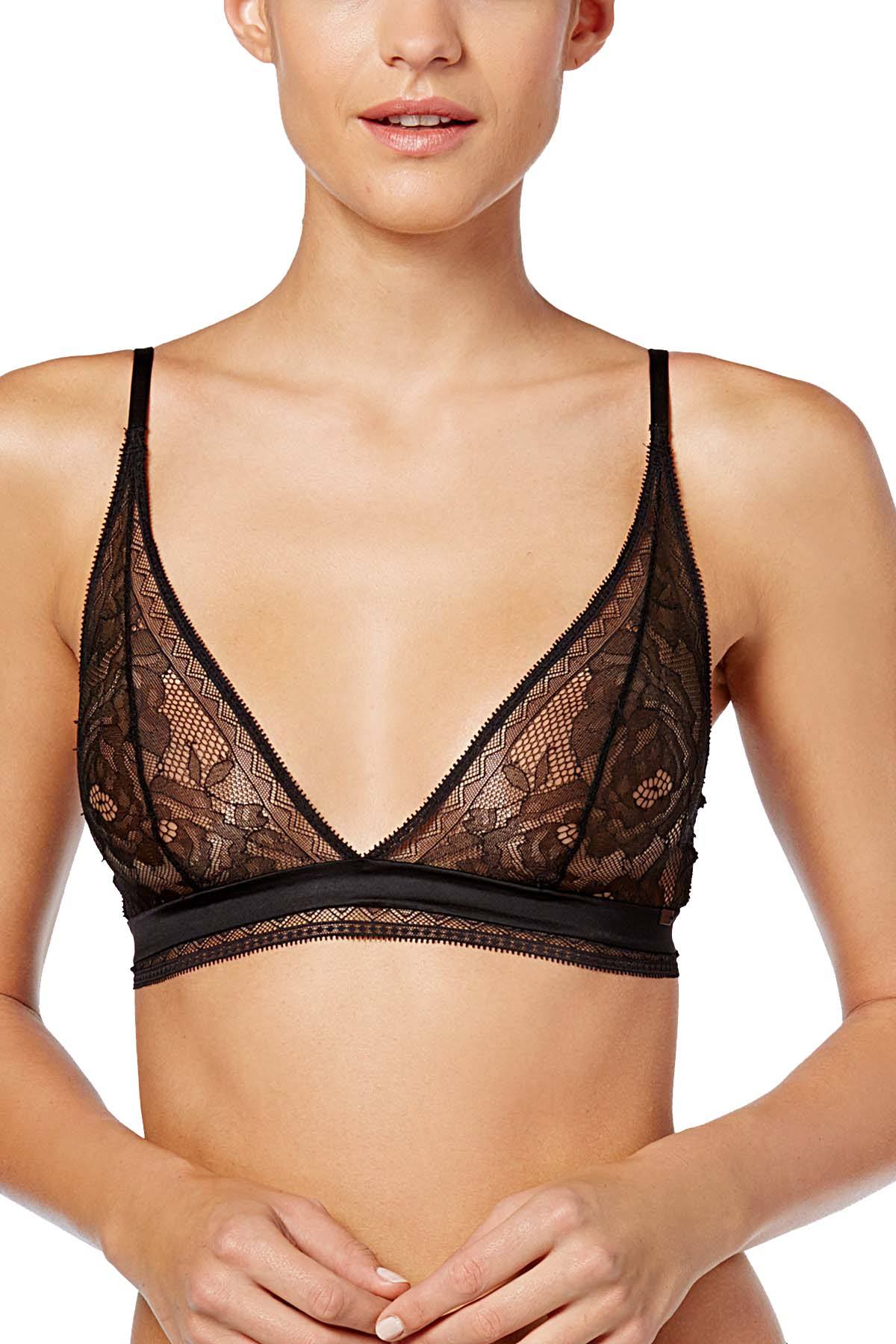 Calvin Klein Black Label Unlined Triangle Floral Lace Bralette in Black