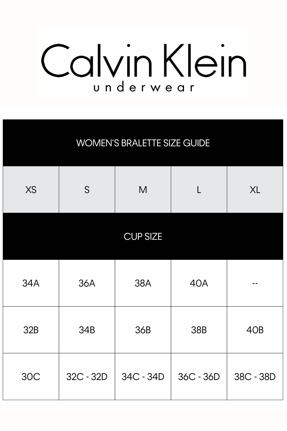 bra size chart calvin klein