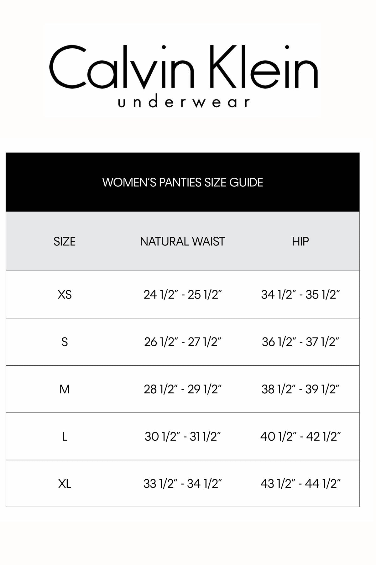 Calvin klein shop panty size chart