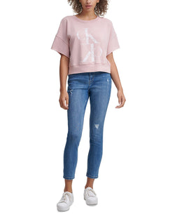 Calvin Klein Jeans Distressed Logo Short Sleeve Sweatshirt Rose Quartz thumbnail 3