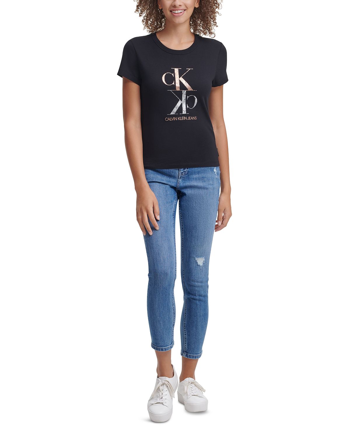 Calvin Klein Jeans Foil Logo Crewneck T-shirt Black Rosegold Combo