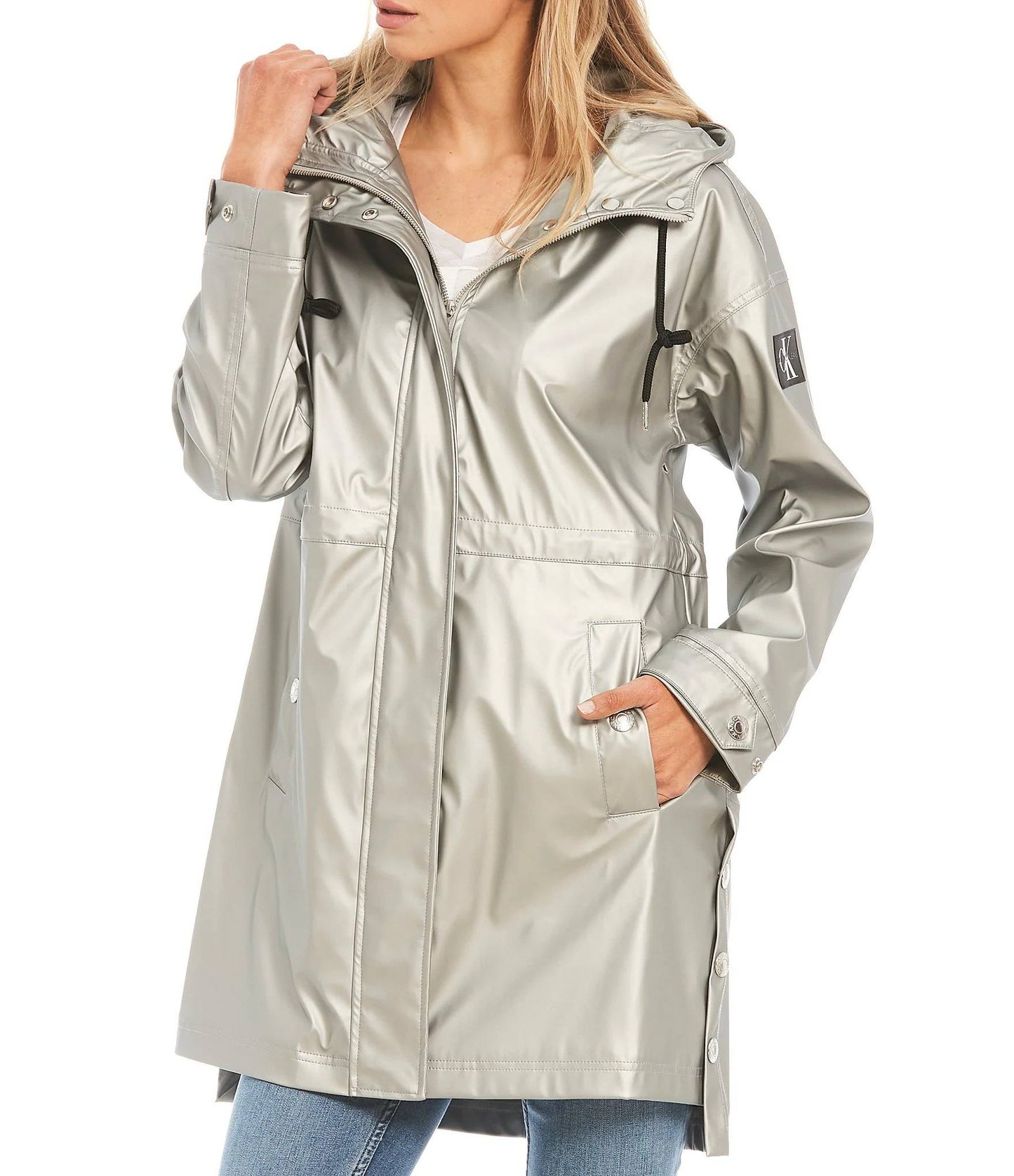 Calvin Klein Jeans Long Hooded Rain Coat Silver
