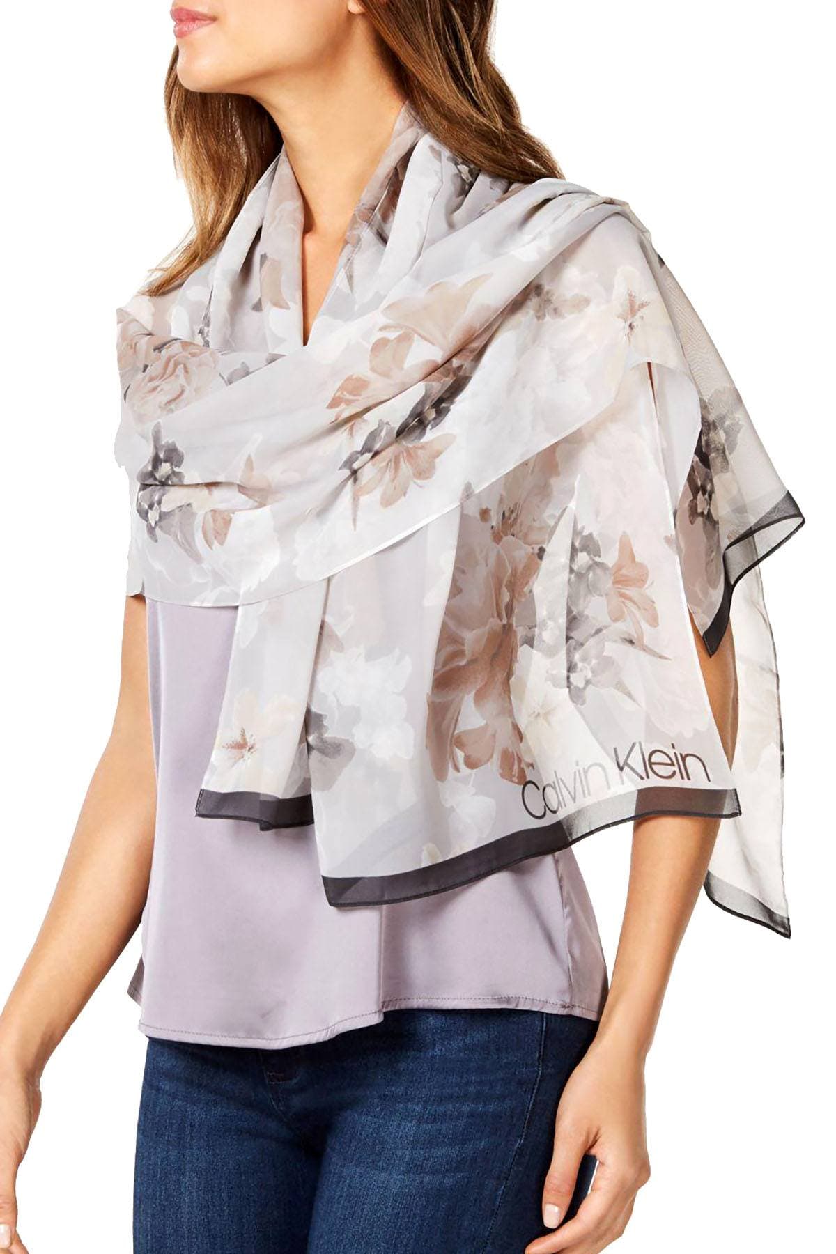 Calvin Klein Latte Grey Floral Print Scarf