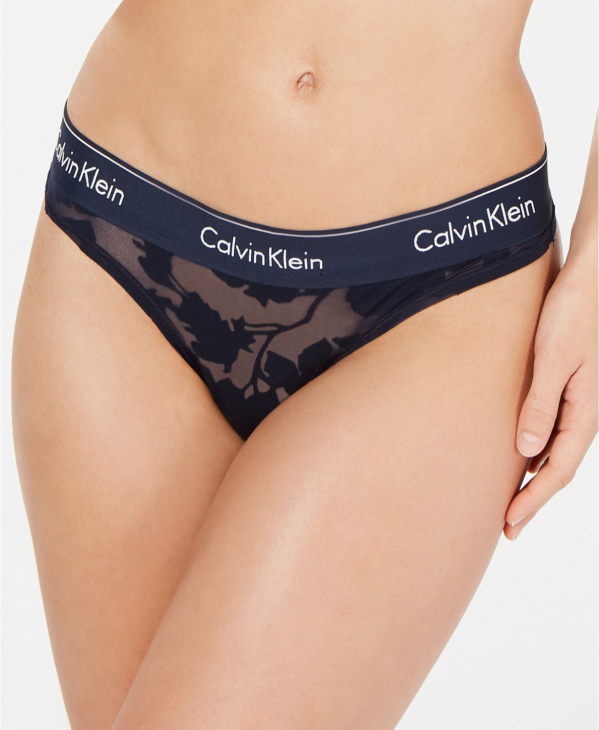 Calvin Klein Modern Cotton Thong in Navy Floral Burnout