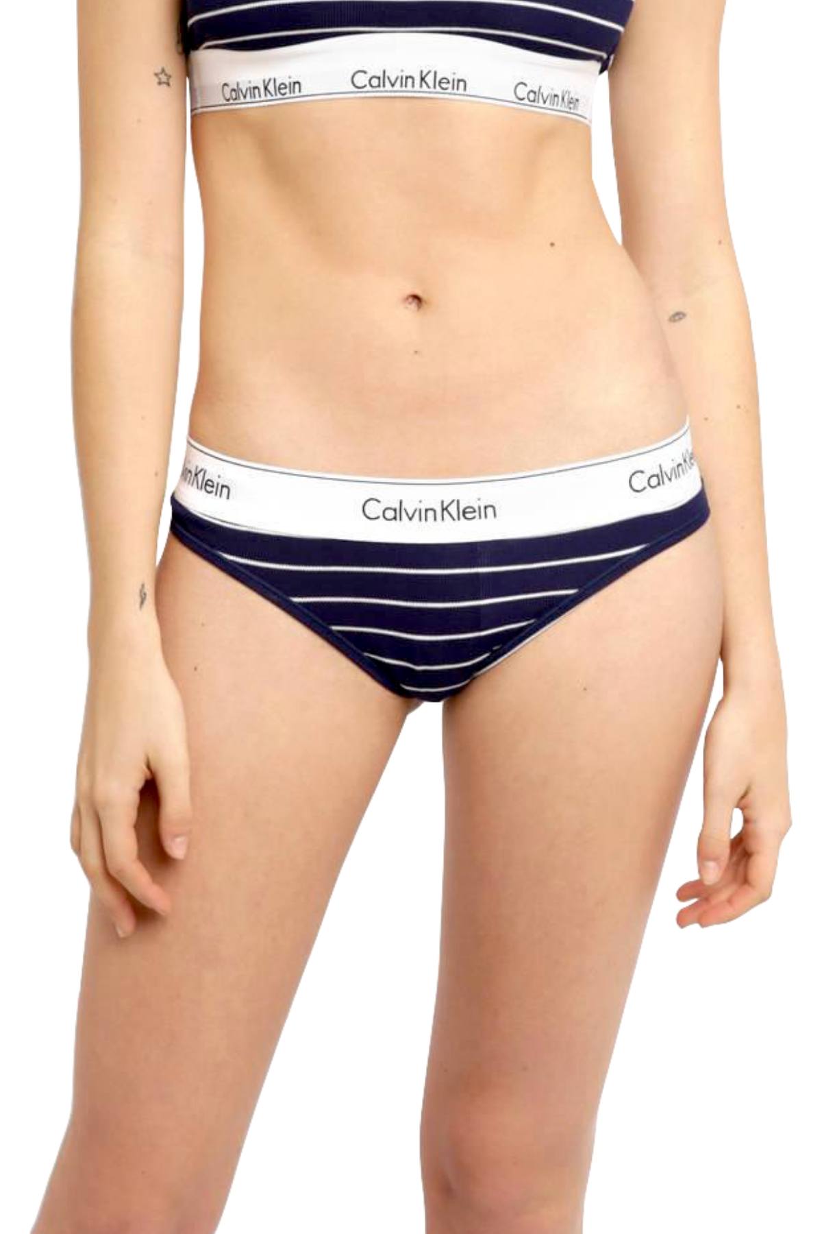 Calvin Klein Navy Simple-Stripe Modern Cotton Logo-Waist Thong