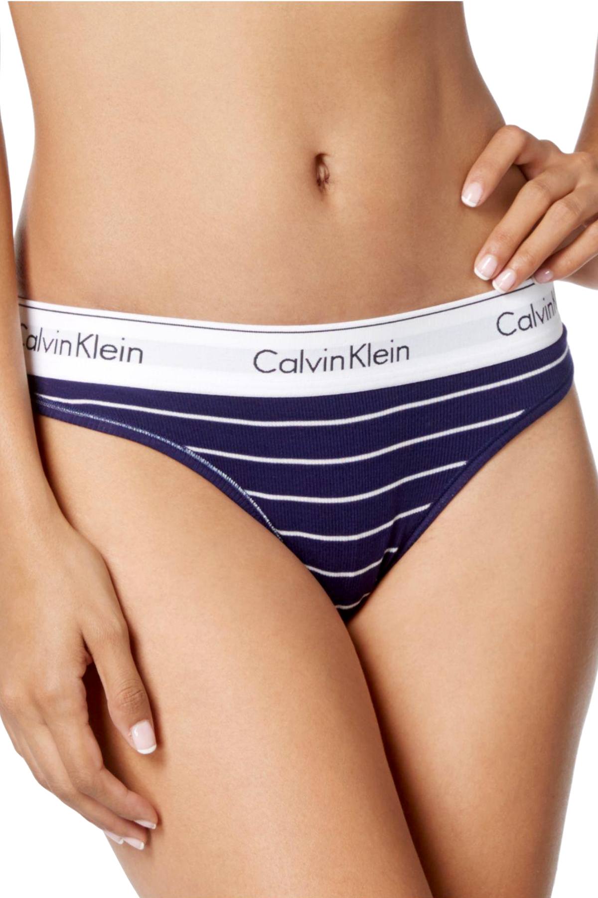 Calvin Klein Navy Simple-Stripe Modern Cotton Logo-Waist Thong